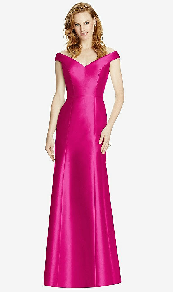 Front View - Think Pink Off-the-Shoulder V-Neck Satin Trumpet Gown