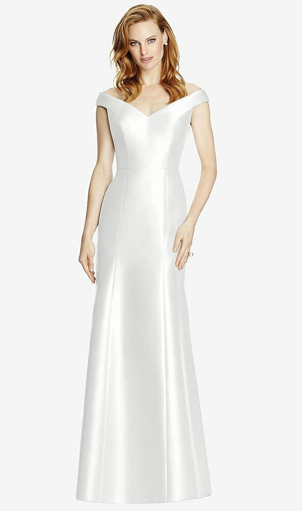 Front View - White Off-the-Shoulder V-Neck Satin Trumpet Gown