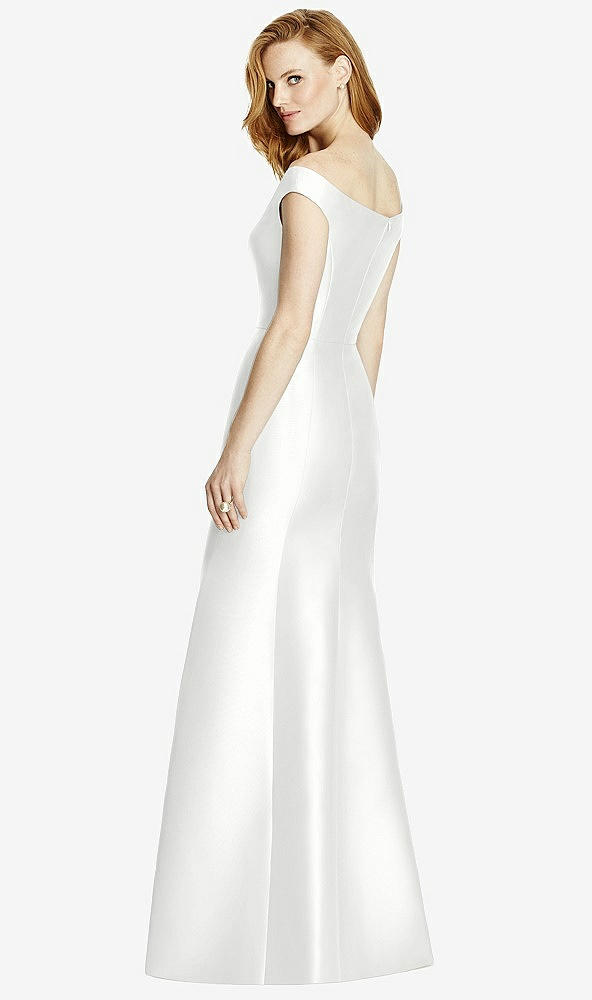 Back View - White Off-the-Shoulder V-Neck Satin Trumpet Gown