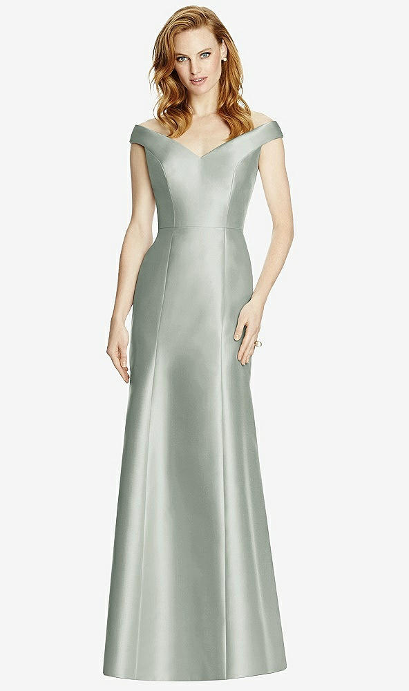 Front View - Willow Green Off-the-Shoulder V-Neck Satin Trumpet Gown