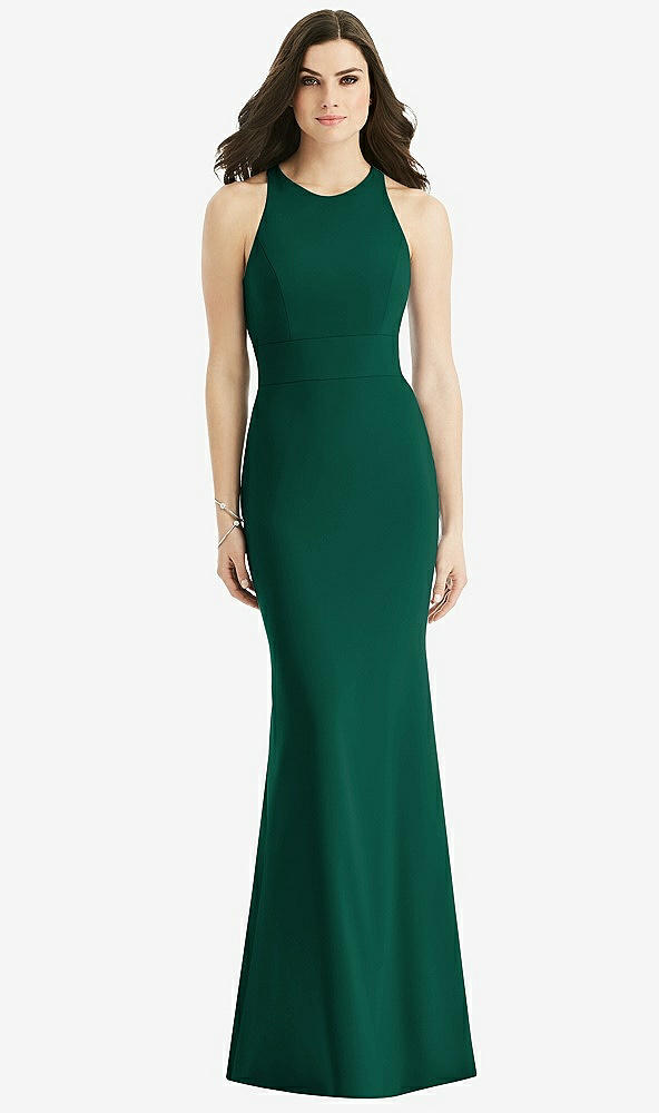 Back View - Hunter Green Criss Cross Twist Cutout Back Trumpet Gown