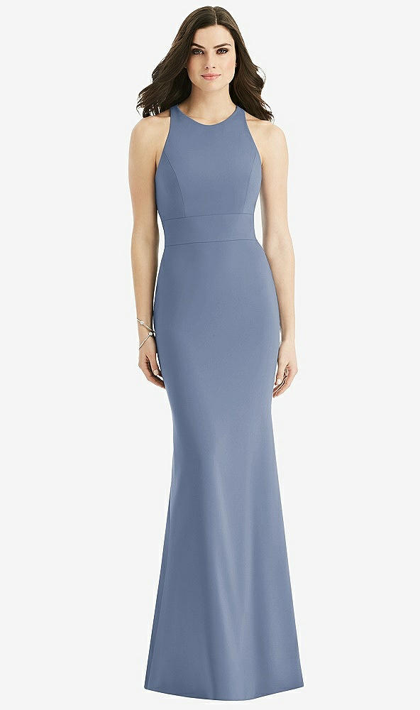 Back View - Larkspur Blue Criss Cross Twist Cutout Back Trumpet Gown