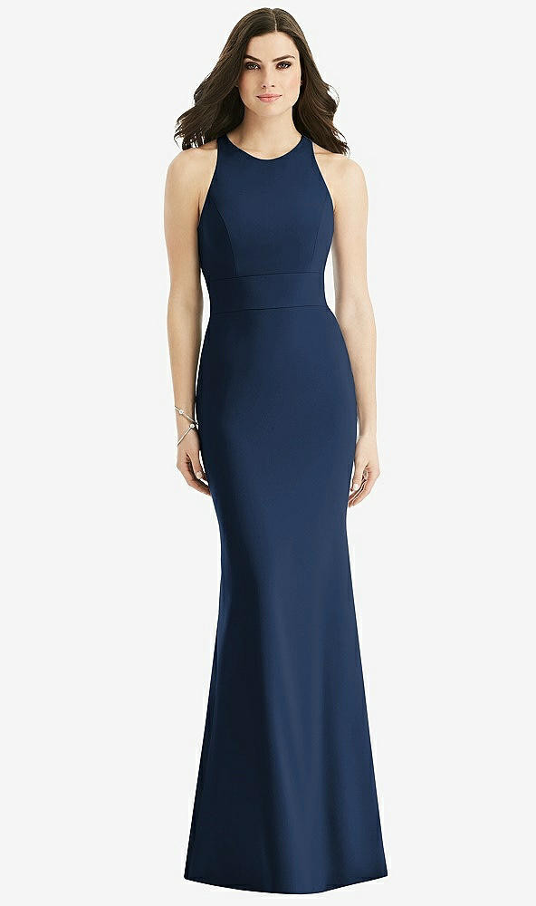 Back View - Midnight Navy Criss Cross Twist Cutout Back Trumpet Gown