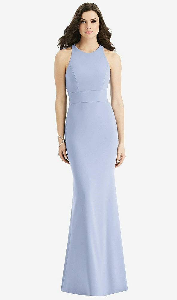 Back View - Sky Blue Criss Cross Twist Cutout Back Trumpet Gown