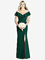 Front View Thumbnail - Hunter Green Off-the-Shoulder Draped Ruffle Faux Wrap Trumpet Gown