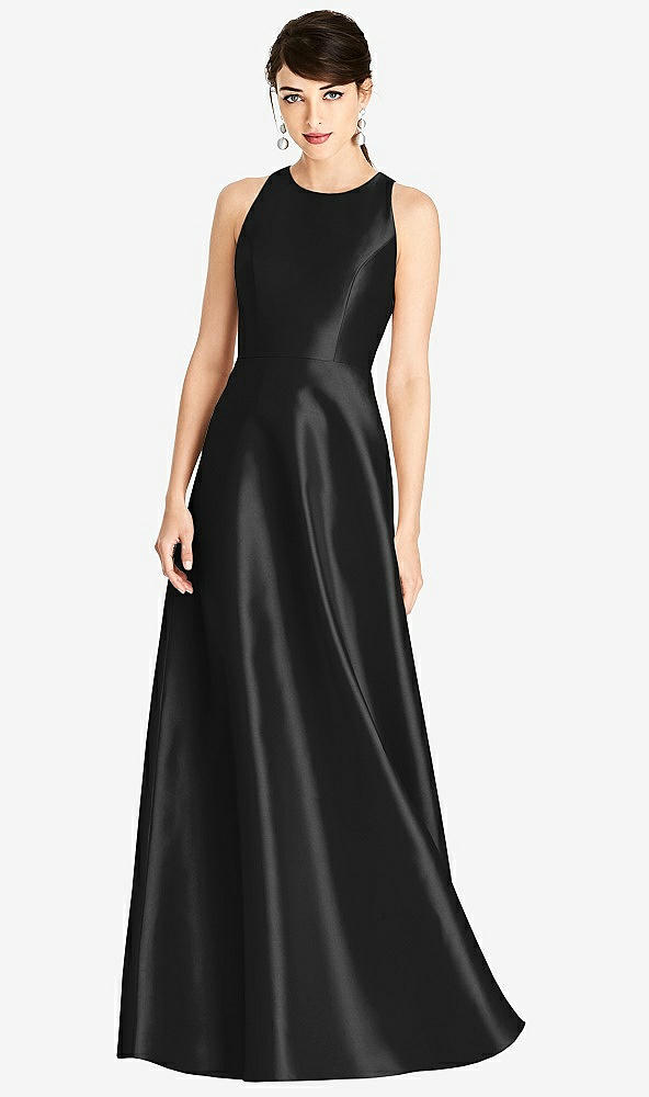 Front View - Black Sleeveless Open-Back Satin A-Line Dress