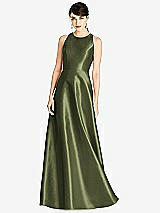 Front View Thumbnail - Olive Green Sleeveless Open-Back Satin A-Line Dress