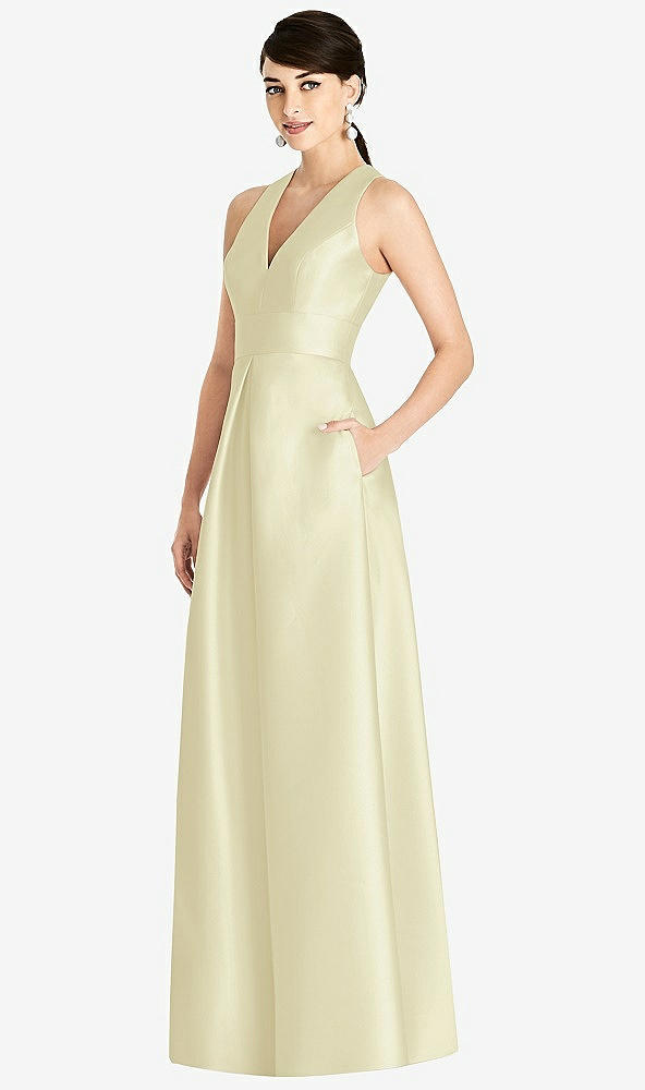 Front View - Butter Yellow Sleeveless Open-Back Pleated Skirt Dress with Pockets