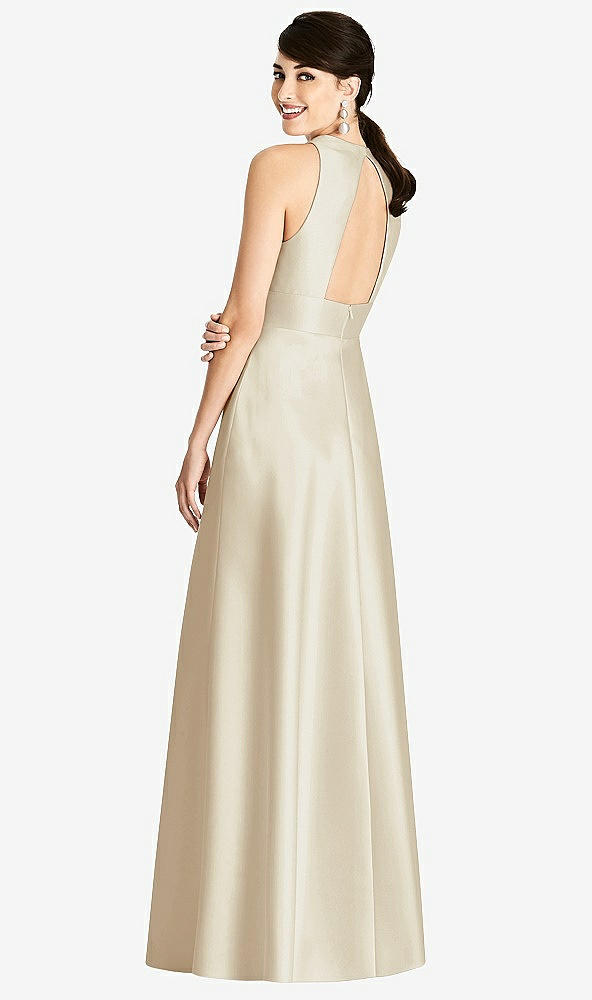 Back View - Champagne Sleeveless Open-Back Pleated Skirt Dress with Pockets