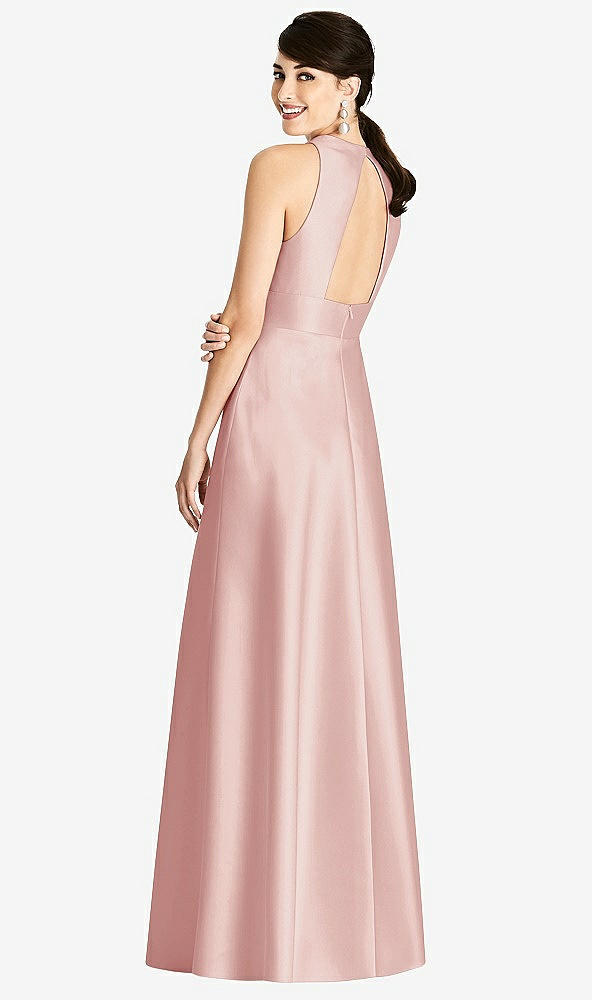 Back View - Rose Sleeveless Open-Back Pleated Skirt Dress with Pockets
