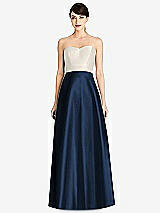 Front View Thumbnail - Midnight Navy & Ivory Strapless A-Line Satin Dress with Pockets