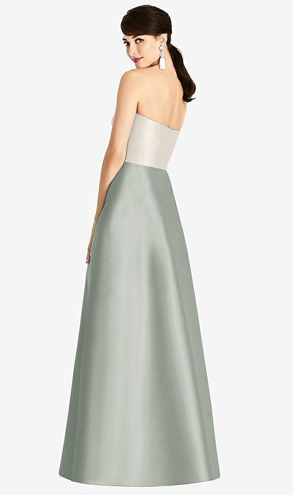 Back View - Willow Green & Ivory Strapless A-Line Satin Dress with Pockets
