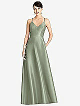 Front View Thumbnail - Sage V-Neck Full Skirt Satin Maxi Dress