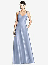 Front View Thumbnail - Sky Blue V-Neck Full Skirt Satin Maxi Dress