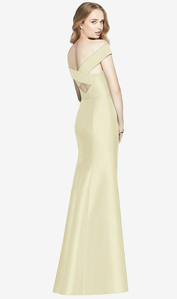 Back View - Butter Yellow Off-the-Shoulder Criss Cross Back Satin Dress