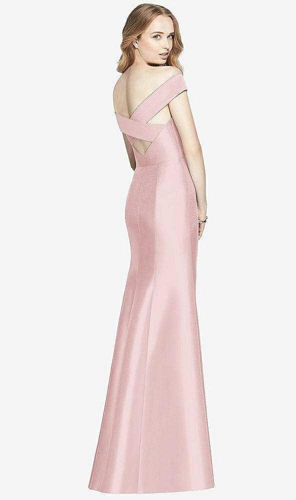 Back View - Ballet Pink Off-the-Shoulder Criss Cross Back Satin Dress