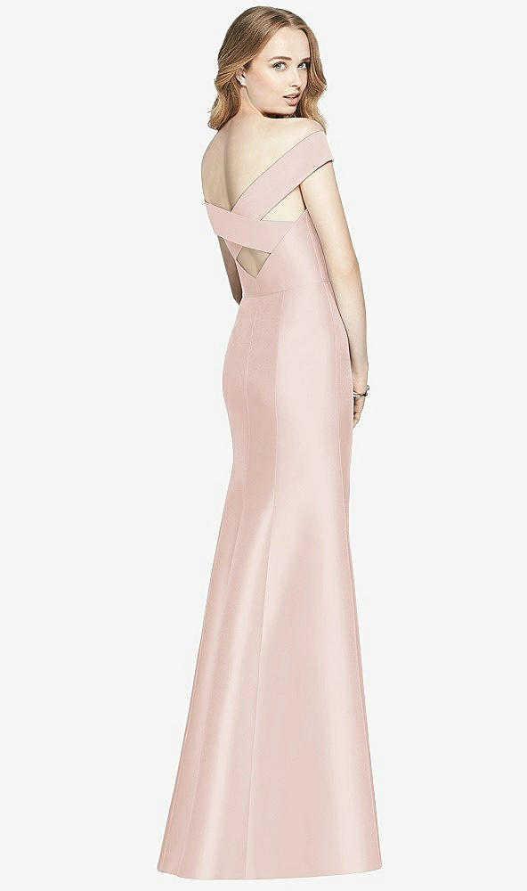 Back View - Blush Off-the-Shoulder Criss Cross Back Satin Dress