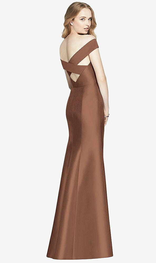 Back View - Cognac Off-the-Shoulder Criss Cross Back Satin Dress