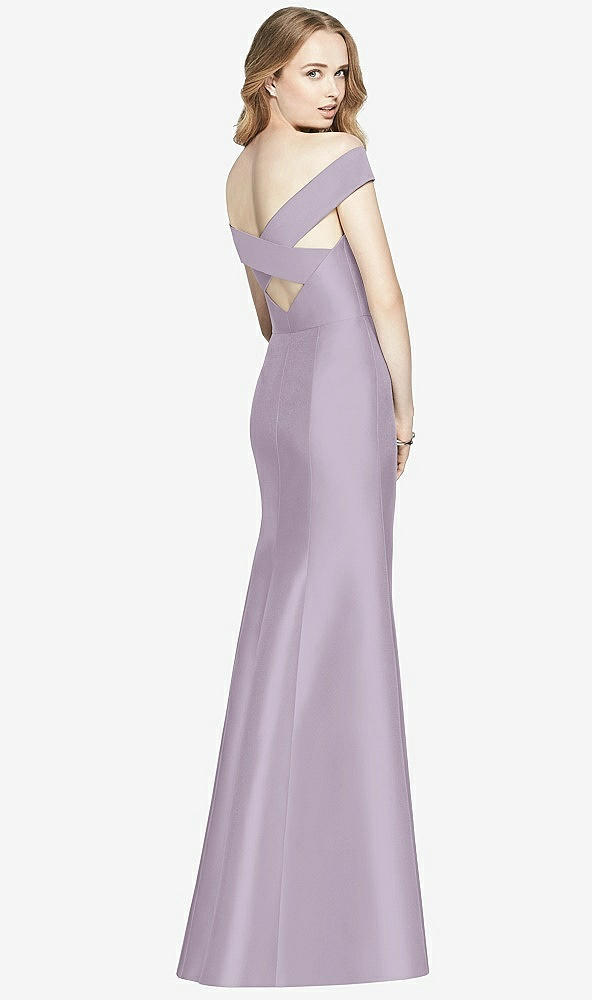 Back View - Lilac Haze Off-the-Shoulder Criss Cross Back Satin Dress