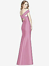 Rear View Thumbnail - Powder Pink Off-the-Shoulder Criss Cross Back Satin Dress