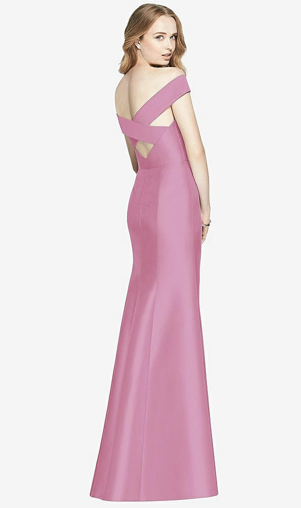 Back View - Powder Pink Off-the-Shoulder Criss Cross Back Satin Dress