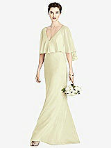 Front View Thumbnail - Butter Yellow V-Back Trumpet Gown with Draped Cape Overlay