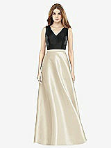 Front View Thumbnail - Champagne & Black Sleeveless A-Line Satin Dress with Pockets