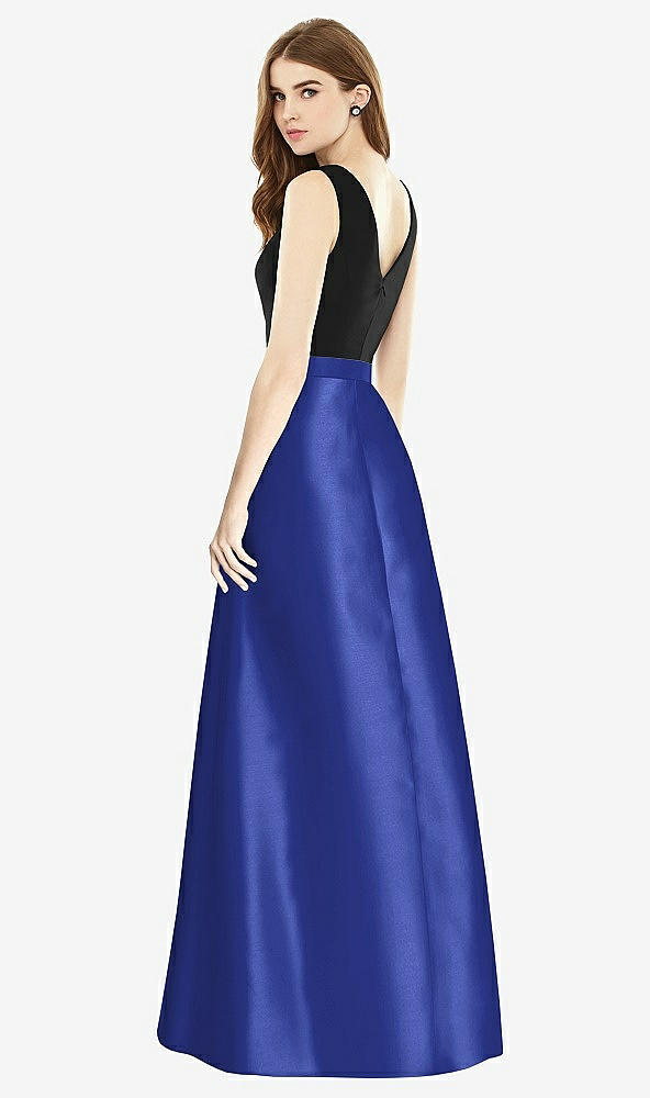 Back View - Cobalt Blue & Black Sleeveless A-Line Satin Dress with Pockets