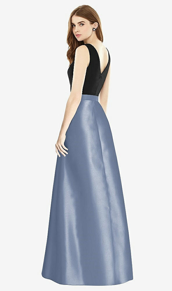 Back View - Larkspur Blue & Black Sleeveless A-Line Satin Dress with Pockets