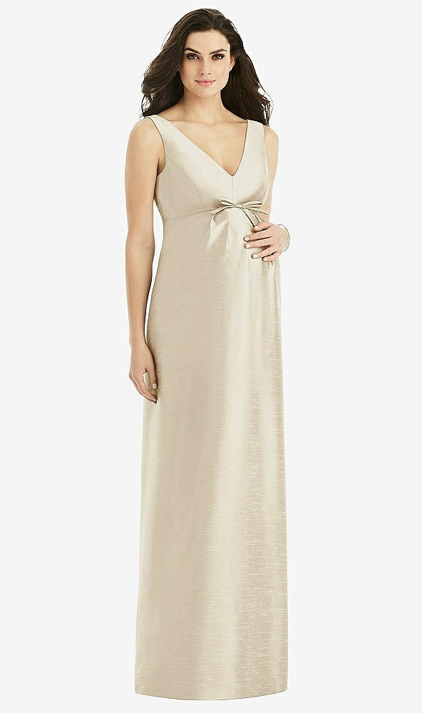 Front View - Champagne Sleeveless Satin Twill Maternity Dress