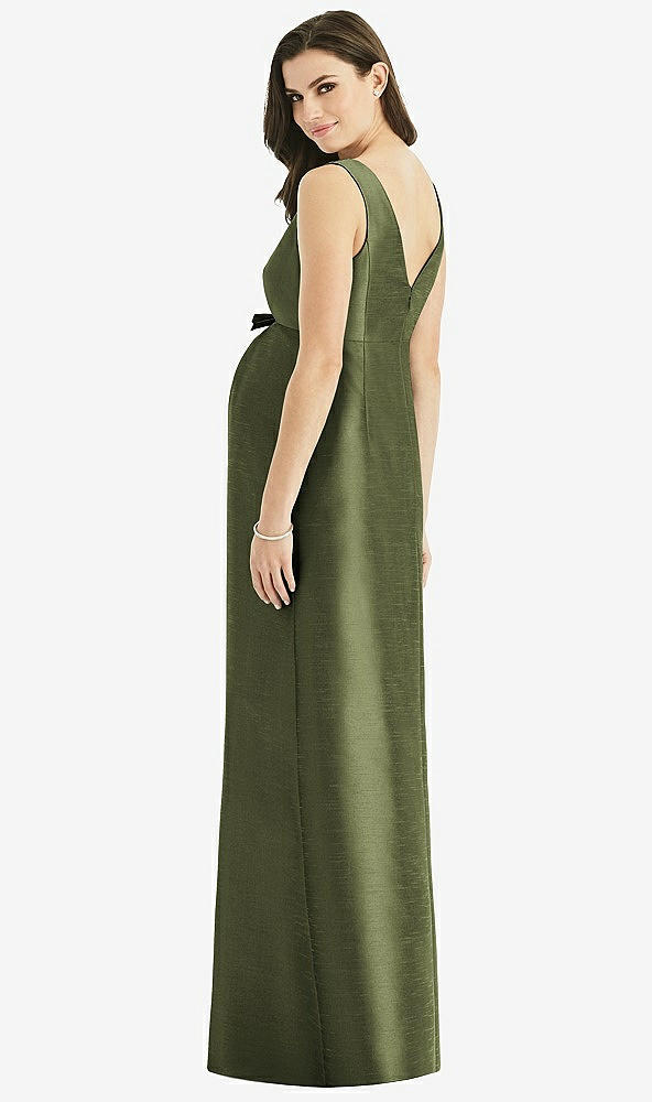 Back View - Olive Green Sleeveless Satin Twill Maternity Dress