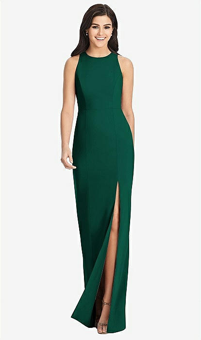 Diamond Cutout Back Trumpet Bridesmaid Dress With Front Slit In Hunter Green  | The Dessy Group