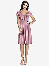 Front View Thumbnail - Dusty Pink Midi Natural Waist Ruffled VNeck Dress