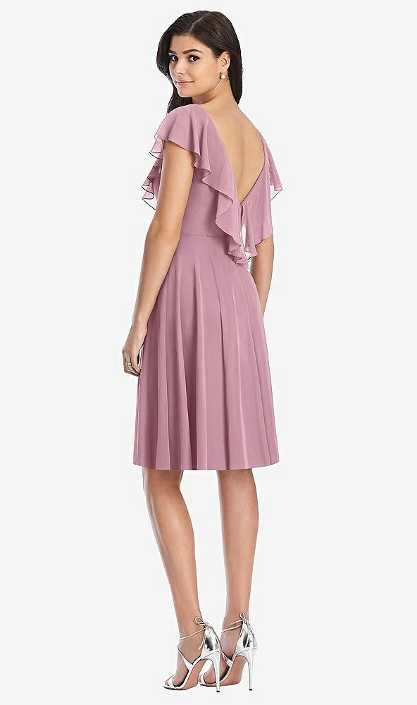 Back View - Dusty Pink Midi Natural Waist Ruffled VNeck Dress