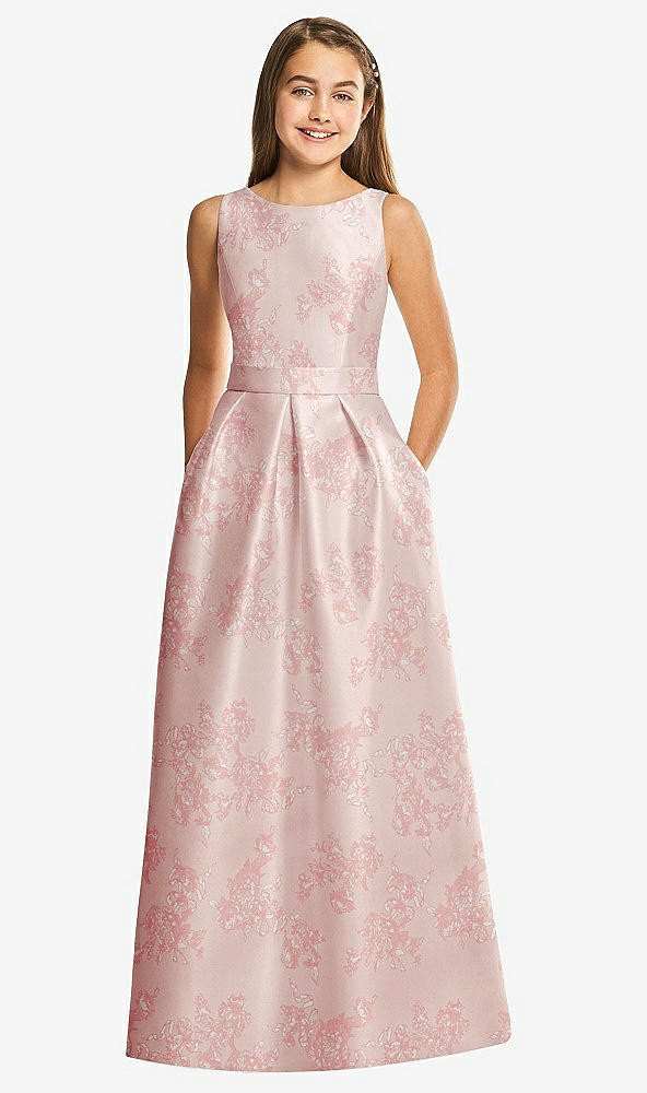 Front View - Bow And Blossom Print Floral Bateau Neck Maxi Junior Bridesmaid Dress with Pockets