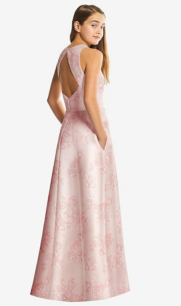 Back View - Bow And Blossom Print Floral Sleeveless Open-Back Satin Junior Bridesmaid Dress