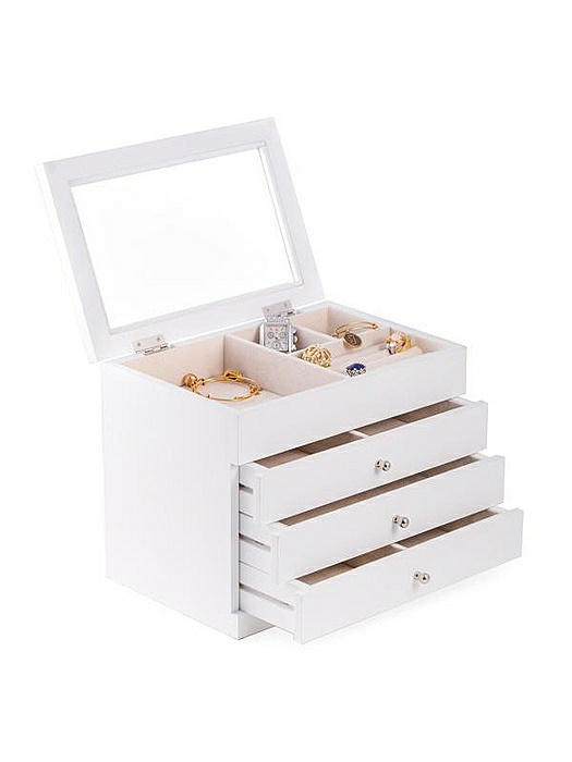 White Wood Jewelry Case with 3 Drawers and Glass See-thru Top