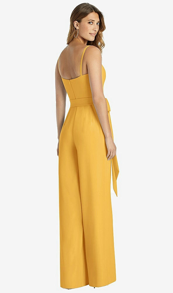 Back View - NYC Yellow Spaghetti Strap Crepe Jumpsuit with Sash - Alana 