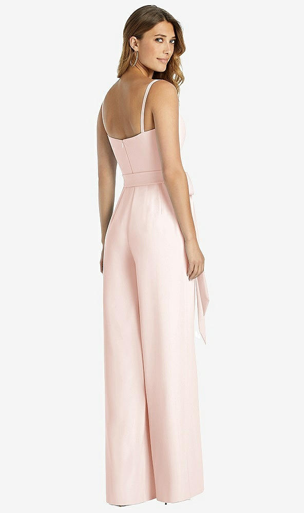 Back View - Blush Spaghetti Strap Crepe Jumpsuit with Sash - Alana 