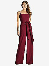 Front View Thumbnail - Burgundy Spaghetti Strap Crepe Jumpsuit with Sash - Alana 