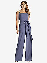 Front View Thumbnail - French Blue Spaghetti Strap Crepe Jumpsuit with Sash - Alana 