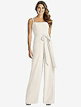 Front View Thumbnail - Ivory Spaghetti Strap Crepe Jumpsuit with Sash - Alana 