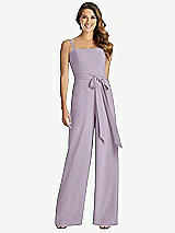 Front View Thumbnail - Lilac Haze Spaghetti Strap Crepe Jumpsuit with Sash - Alana 