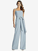 Front View Thumbnail - Mist Spaghetti Strap Crepe Jumpsuit with Sash - Alana 