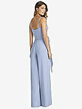 Rear View Thumbnail - Sky Blue Spaghetti Strap Crepe Jumpsuit with Sash - Alana 