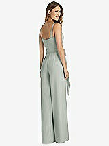 Rear View Thumbnail - Willow Green Spaghetti Strap Crepe Jumpsuit with Sash - Alana 