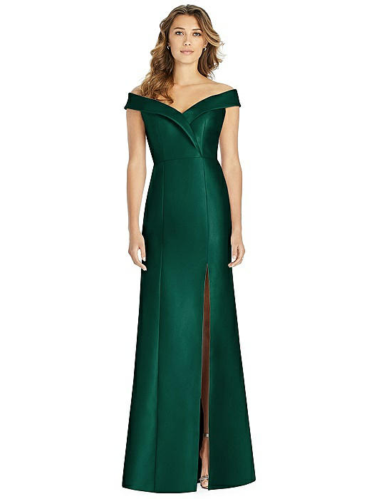 Off-the-Shoulder Cuff Trumpet Gown with Front Slit