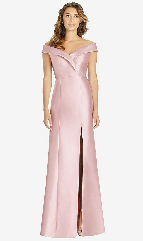 Front View - Ballet Pink Off-the-Shoulder Cuff Trumpet Gown with Front Slit