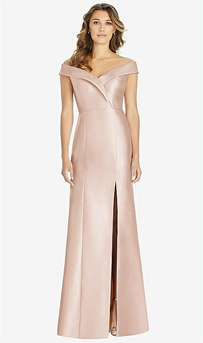Off-the-shoulder Cuff Trumpet Bridesmaid Dress With Front Slit In