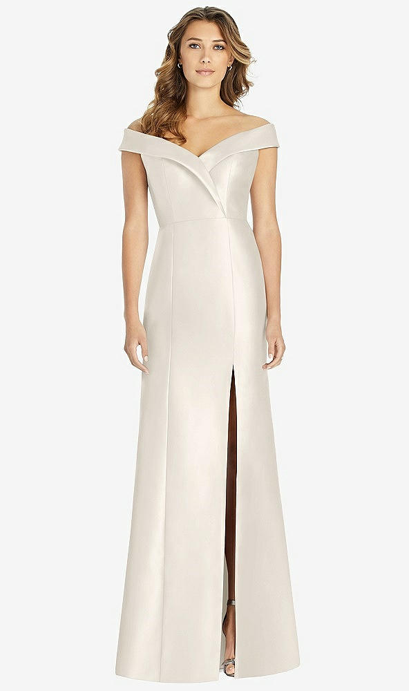 Front View - Ivory Off-the-Shoulder Cuff Trumpet Gown with Front Slit